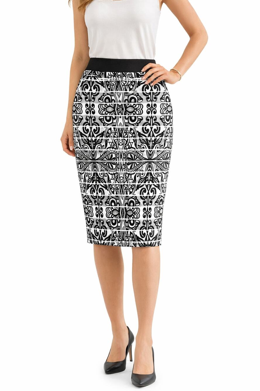 Joseph Ribkoff Black White Printed Pencil Skirt Size 8 Career Stretch Midi